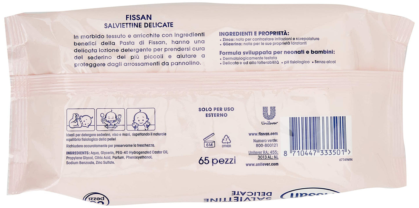 FISSAN Salviettine Delicate - Per Neonati e Bambini - Dermatologicamente Testate - 96% Ingredienti di Origine Naturale - con le Proprietà lenitive dello Zinco - Senza Alcol - 12 Confezioni - 780 Pezzi