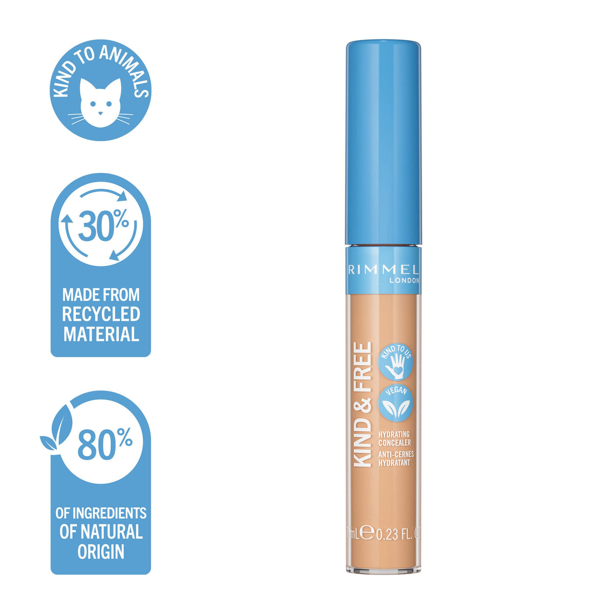 Rimmel London, Correttore Liquido Idratante KIND & FREE, a Lunga Durata, con Vitamine E, B5 e Aloe Vera, Cruelty-Free e Vegano, Tonalità 30 Medium, 7 ml
