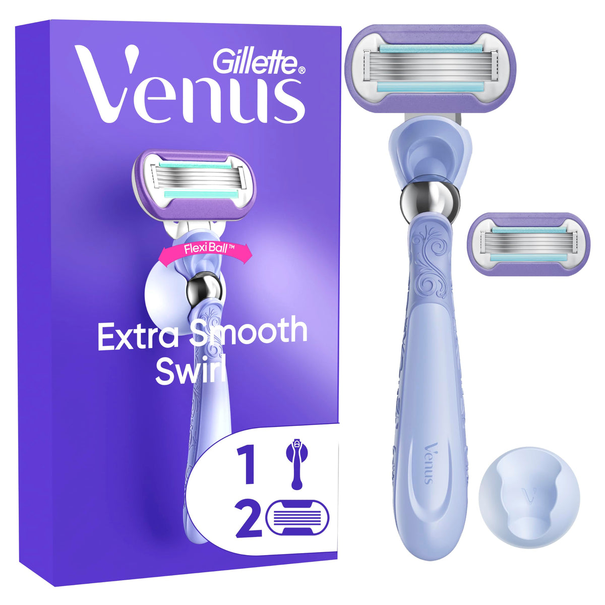 Gillette Venus Extra Smooth Swirl Rasoio Donna Con 2 Lamette Di Ricambio, Manico Flexiball Riutilizzabile E Gancio Per Doccia