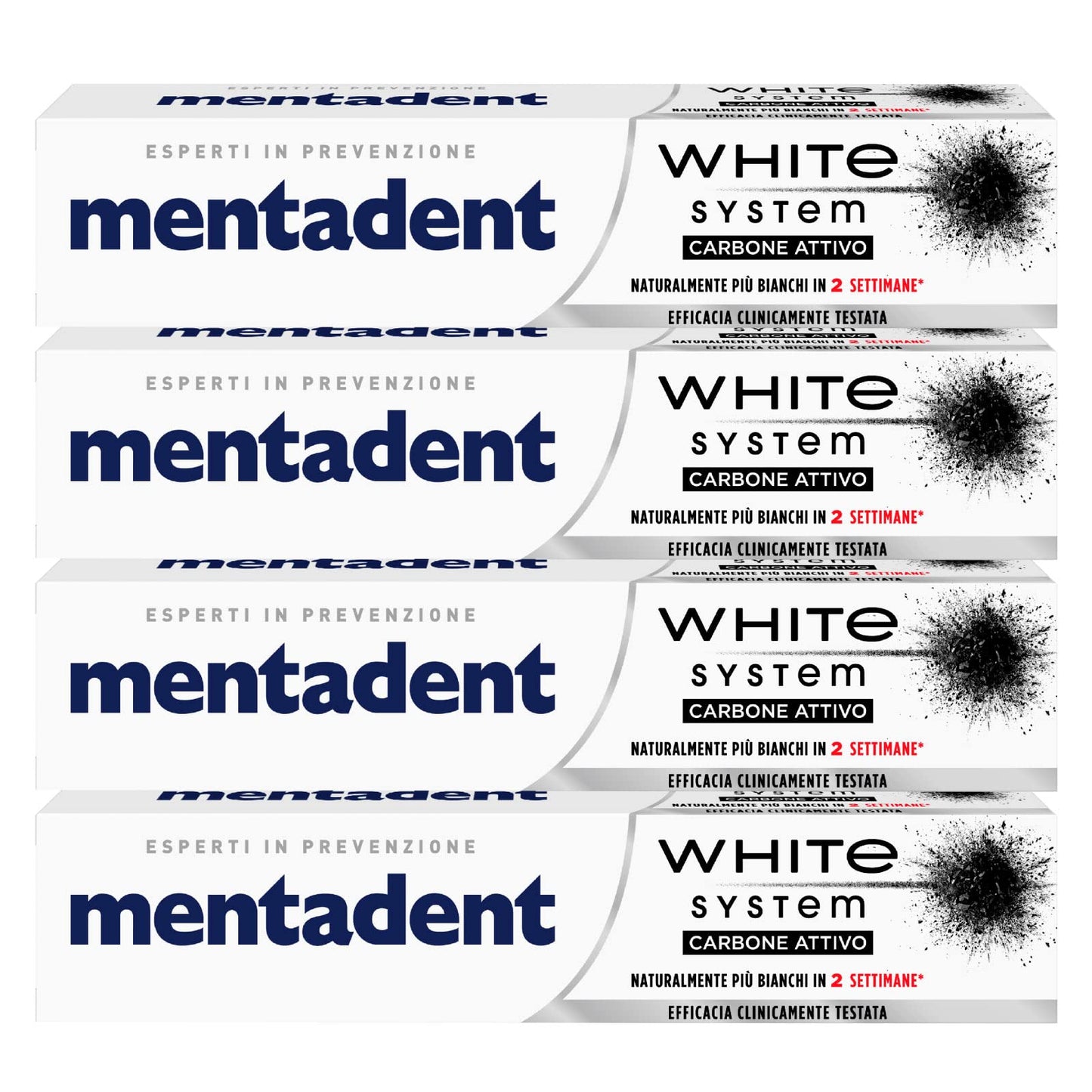 4x Mentadent White System Carbone Attivo Dentifricio Sbiancante - 4 Flaconi da 75 ml ognuno