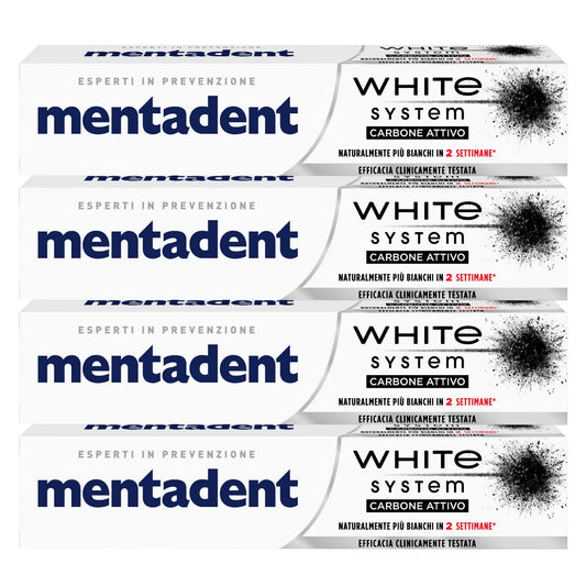 4x Mentadent White System Carbone Attivo Dentifricio Sbiancante - 4 Flaconi da 75 ml ognuno