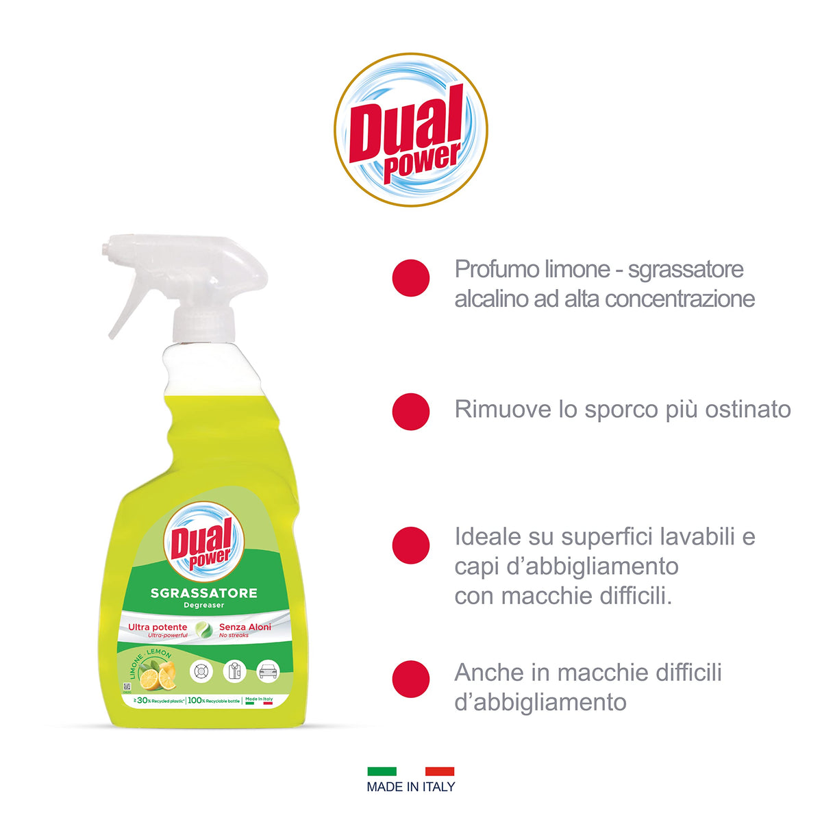 Dual Power, Sgrassatore Ultra Potente al Limone, Contro lo Sporco Ostinato, Rimuove Efficacemente Grasso, Olio e Residui Carbonizzati, non Lascia Aloni, Made in Italy, Confezione 750 ml