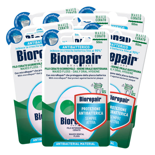 6x Biorepair Filo Interdentale Cerato Scorrevole per Igiene Quotidiana con Antibatterico - 6 Confezioni da 50 Metri ognuna