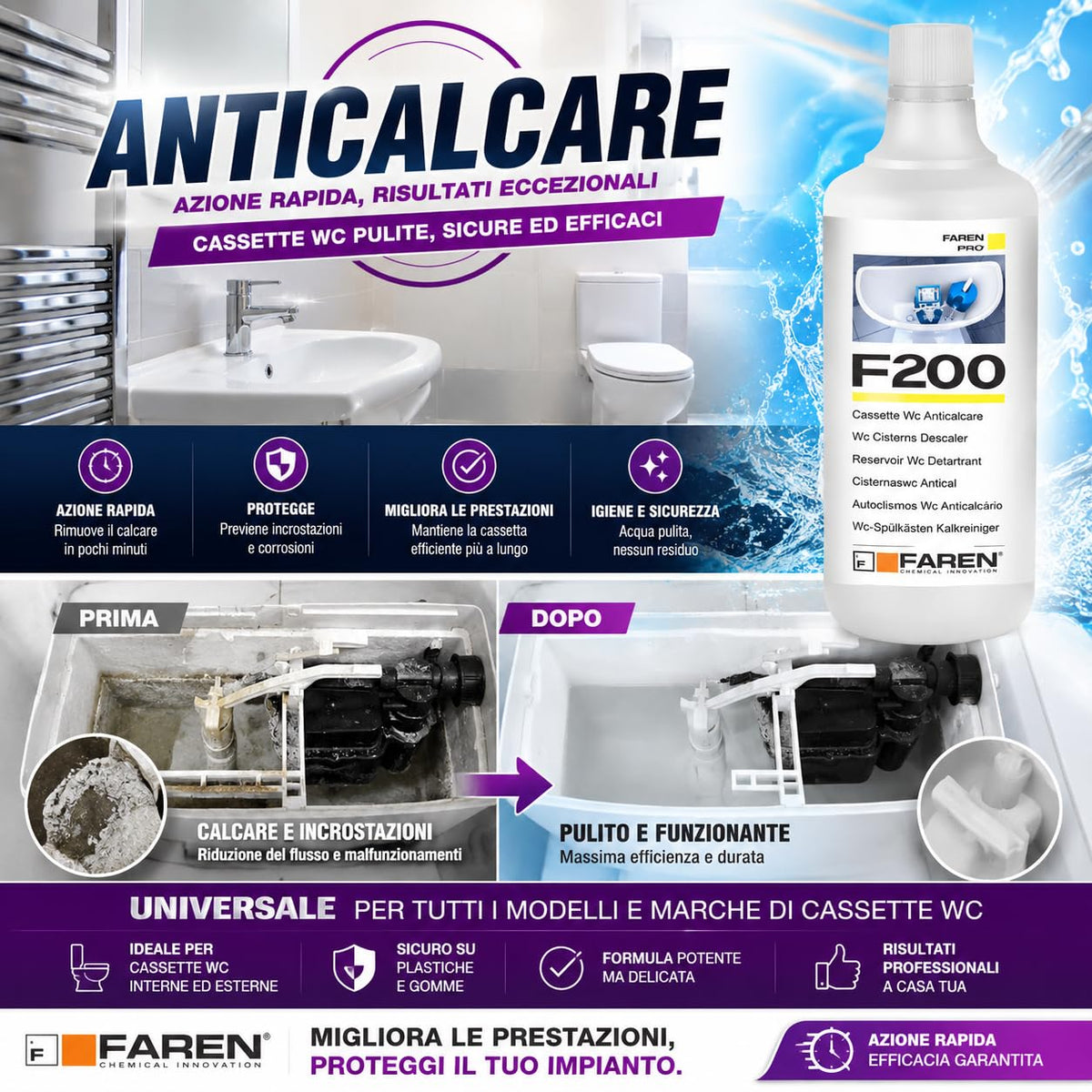 FAREN, Disincrostante Anticalcare F200, Elimina Incrostazioni di Calcare dalle cassette di scarico, Sicuro su Plastiche e Gomme, Efficiente ed Economico, 1lt (12pz)