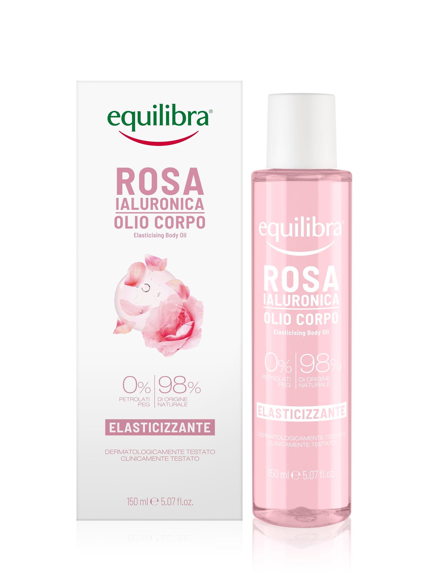 Equilibra, Olio Corpo, Azione Elasticizzante, Aiuta a Prevenire le Smagliature, 150ml, Non Unge, Estratto Rosa Damascena, Acido Ialuronico Basso Peso, Olio di Rosa Mosqueta, Meadowfoam Oil, Vitamina E