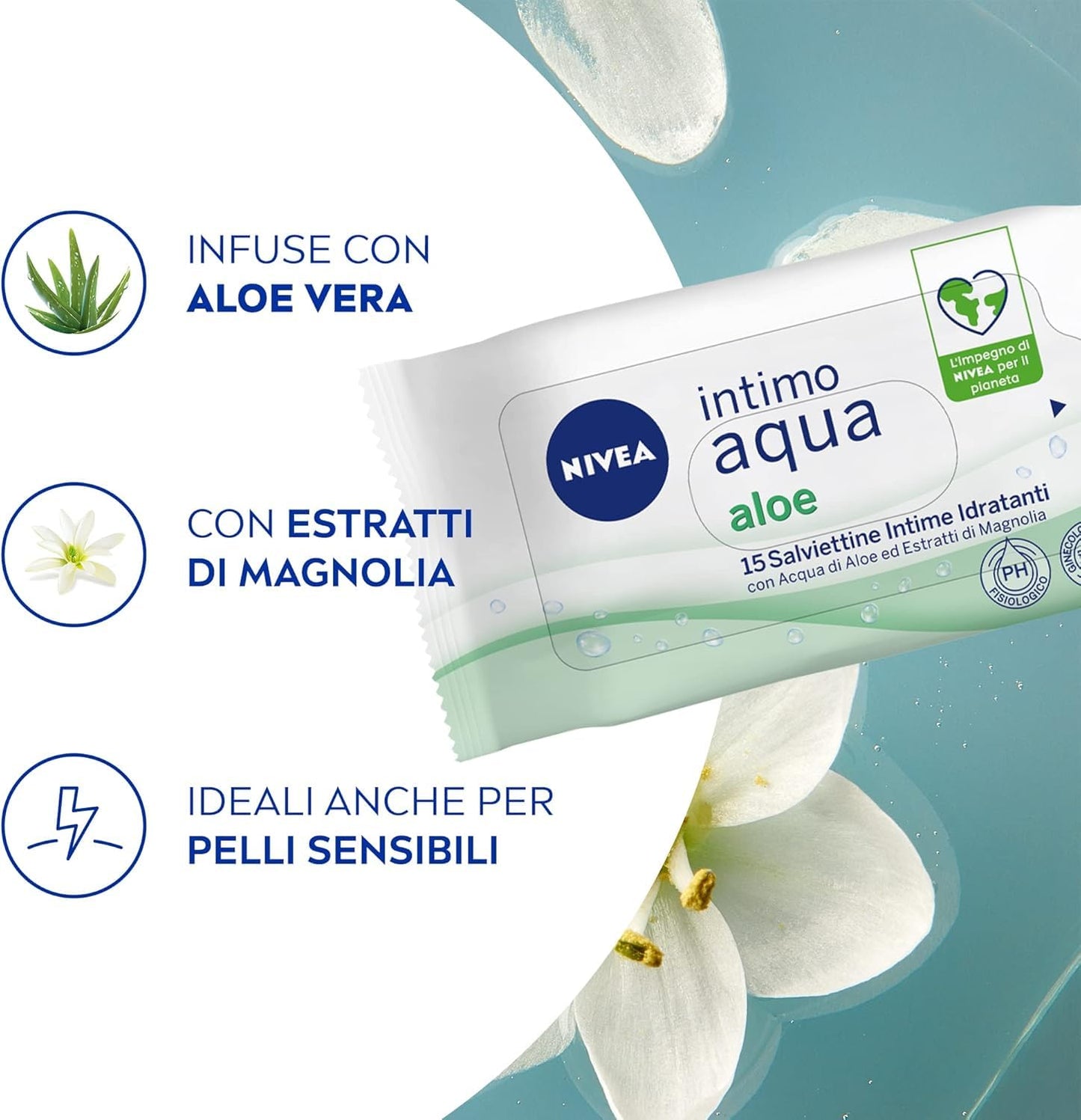 NIVEA Salviettine Intime Aqua Aloe in Confezione da 12 x 15 Pezzi, Salviette Intime con Acqua di Aloe ed Estratti di Magnolia, Salviettine Adatte alle Pelli Sensibili