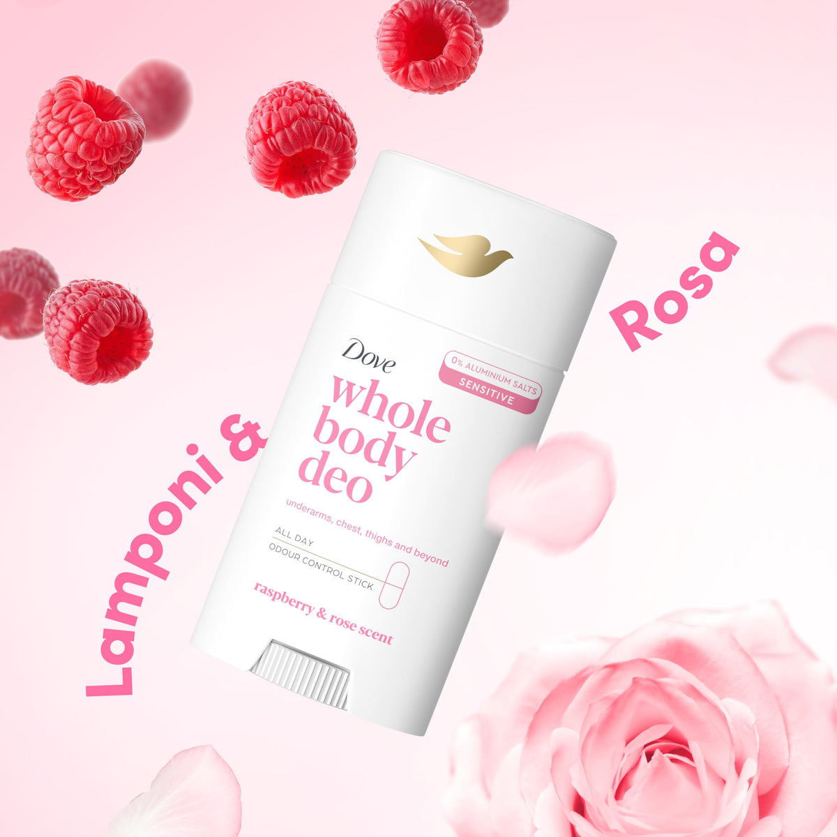 Deodorante Dove Stick Whole Body Deo 75ml, Deodorante per Tutto il Corpo, Profumo di Lamponi e Rosa, Protezione dagli Odori fino a 24 ore, Dermatologicamente Testato, Ginecologicamente Testato