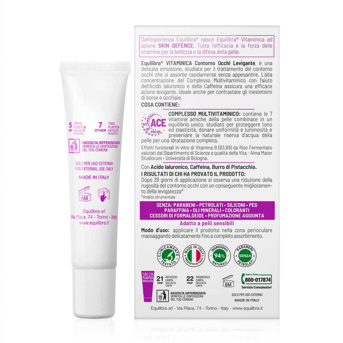 Equilibra Viso, Vitaminica, Contorno Occhi Levigante,con Complesso Multivitaminico, Acido Ialuronico, Caffeina, Burro Pistacchio, Azione Levigante, Contrasta Borse e Occhiaie,15 ml