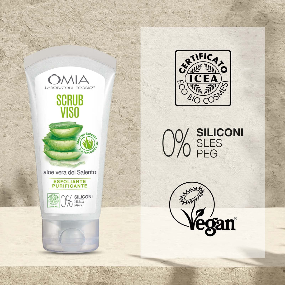 Omia, Scrub Viso Eco Bio Con Aloe Vera del Salento, Trattamento Esfoliante e Purificante, Per Pelli Normali e Miste, Senza Siliconi, Dermatologicamente Testato - Flacone da 75 ml