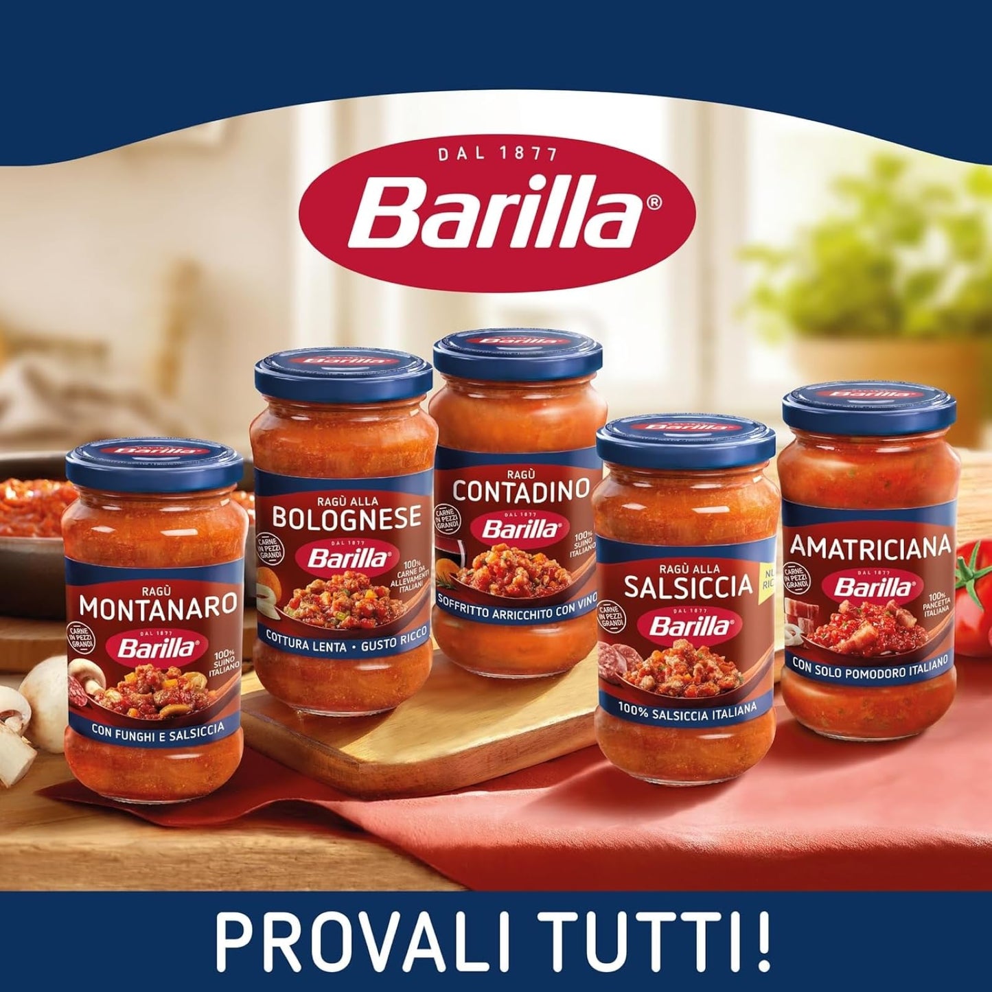 Barilla Sugo Ragù Montanaro, Salsa Pronta al Pomodoro con Salsiccia e Funghi, Sugo Pronto, Confezione da 8x300g