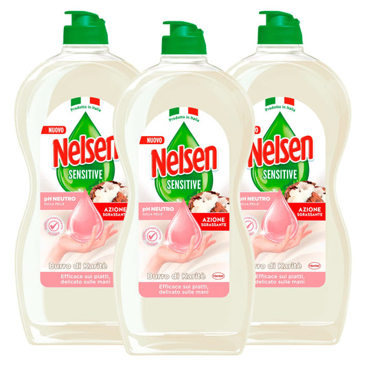 3x Nelsen Sensitive Detersivo Liquido per Piatti Bicchieri Posate Stoviglie ad Azione Sgrassante con Burro di Karité Delicato sulle Mani e Formula a pH Neutro per Lavaggio a Mano - 3 Flaconi da 900ml