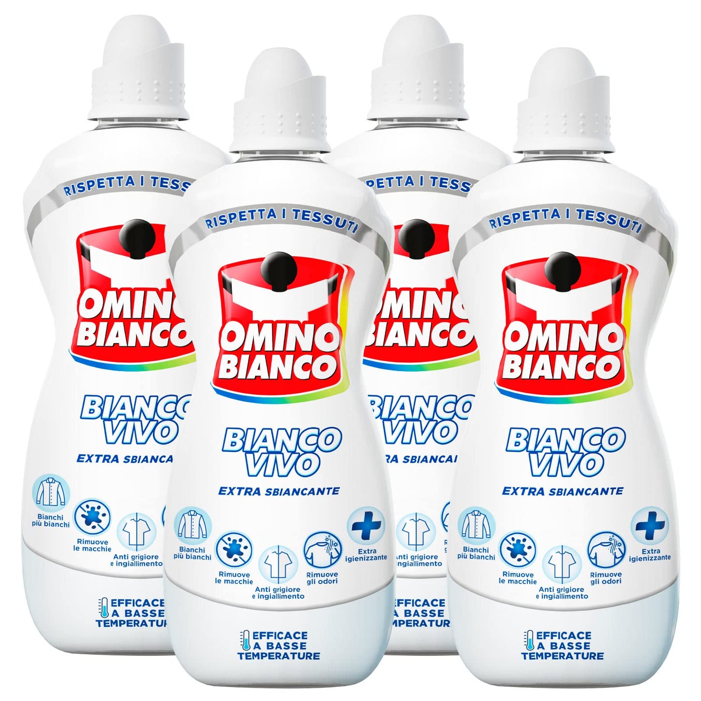 Omino Bianco - Additivo Lavatrice Bianco Vivo 5 Azioni in 1 per Bucato, Extra Smacchiante e Igienizzante, 900ml x 4 Pezzi