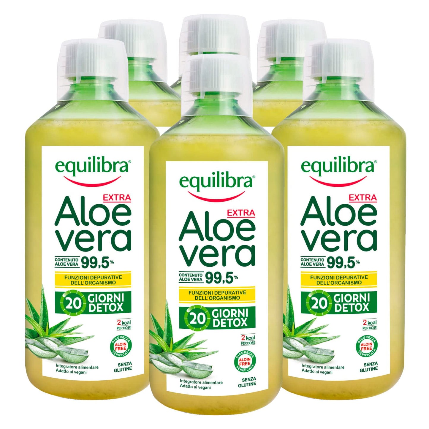 6x Equilibra Integratore per la Depurazione Aloe Vera Extra 99,5% con Pura Polpa e Proprietà Benefiche - 6 Flaconi da 1000ml