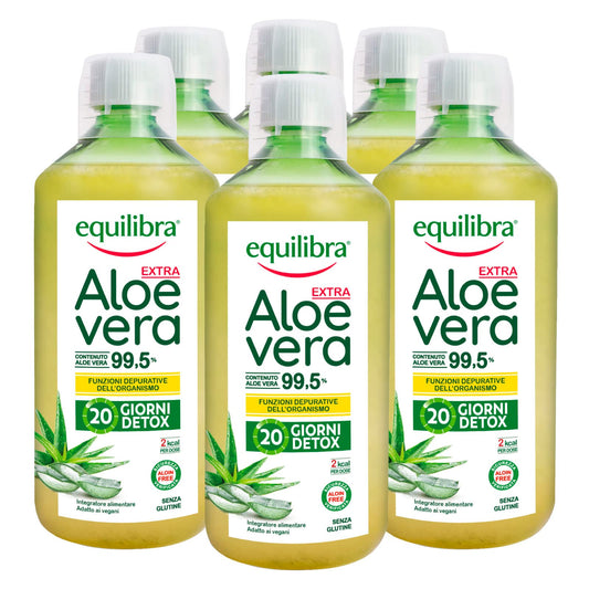 6x Equilibra Integratore per la Depurazione Aloe Vera Extra 99,5% con Pura Polpa e Proprietà Benefiche - 6 Flaconi da 1000ml