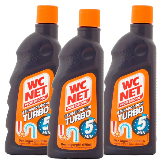 Wc Net - Professional Turbo, Disgorgante Gel per Scarichi Professionale, Agisce in 5 minuti, con Agenti Salvatubi, 500 ml x 3 Confezioni