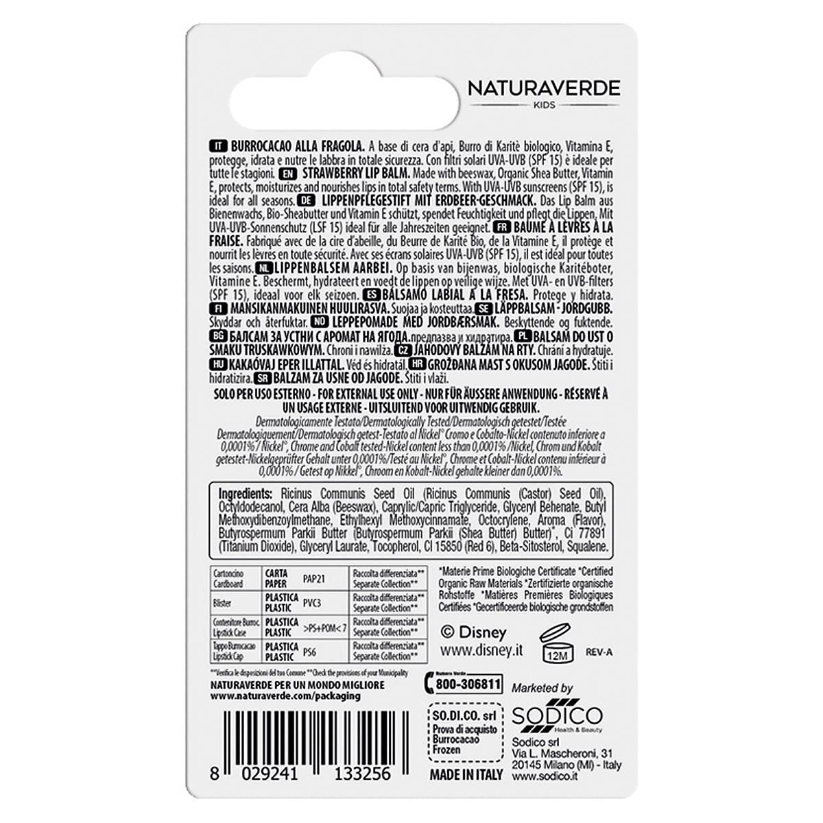 Naturaverde | Kids - Disney Frozen - Burrocacao alla Fragola, Burro Cacao Bambina con Burro di Karité BIO, con Filtri UVA-UVB - SPF 15, Lipstick da 5,7ml