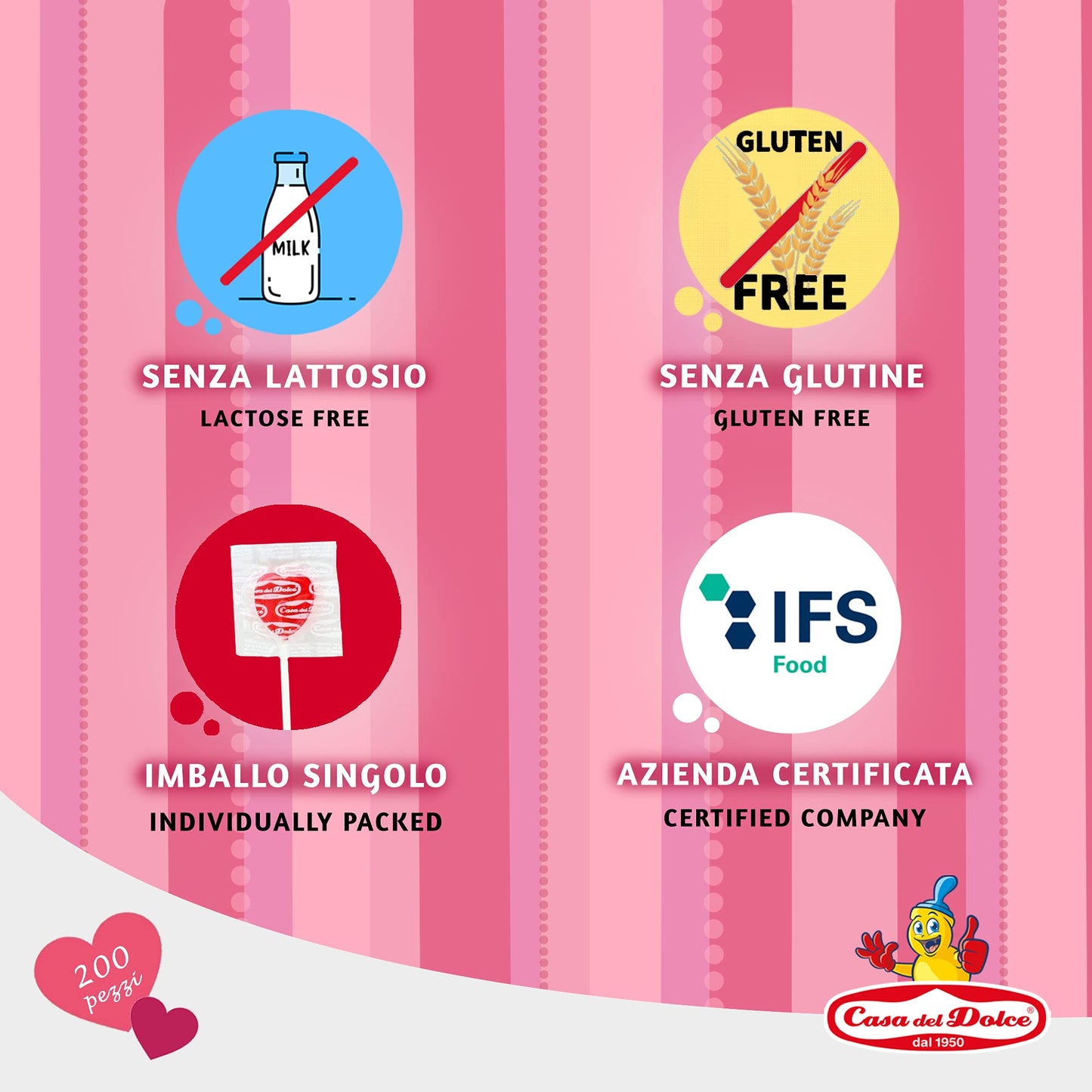 CASA DEL DOLCE Lecca Cuore Piccolo, Lecca Lecca a Forma di Cuore, Gusto Ciliegia, Box da 200 Pezzi, Incartati Singolarmente, Made in Italy, Senza Lattosio, Senza Glutine, Idee Regalo per Feste