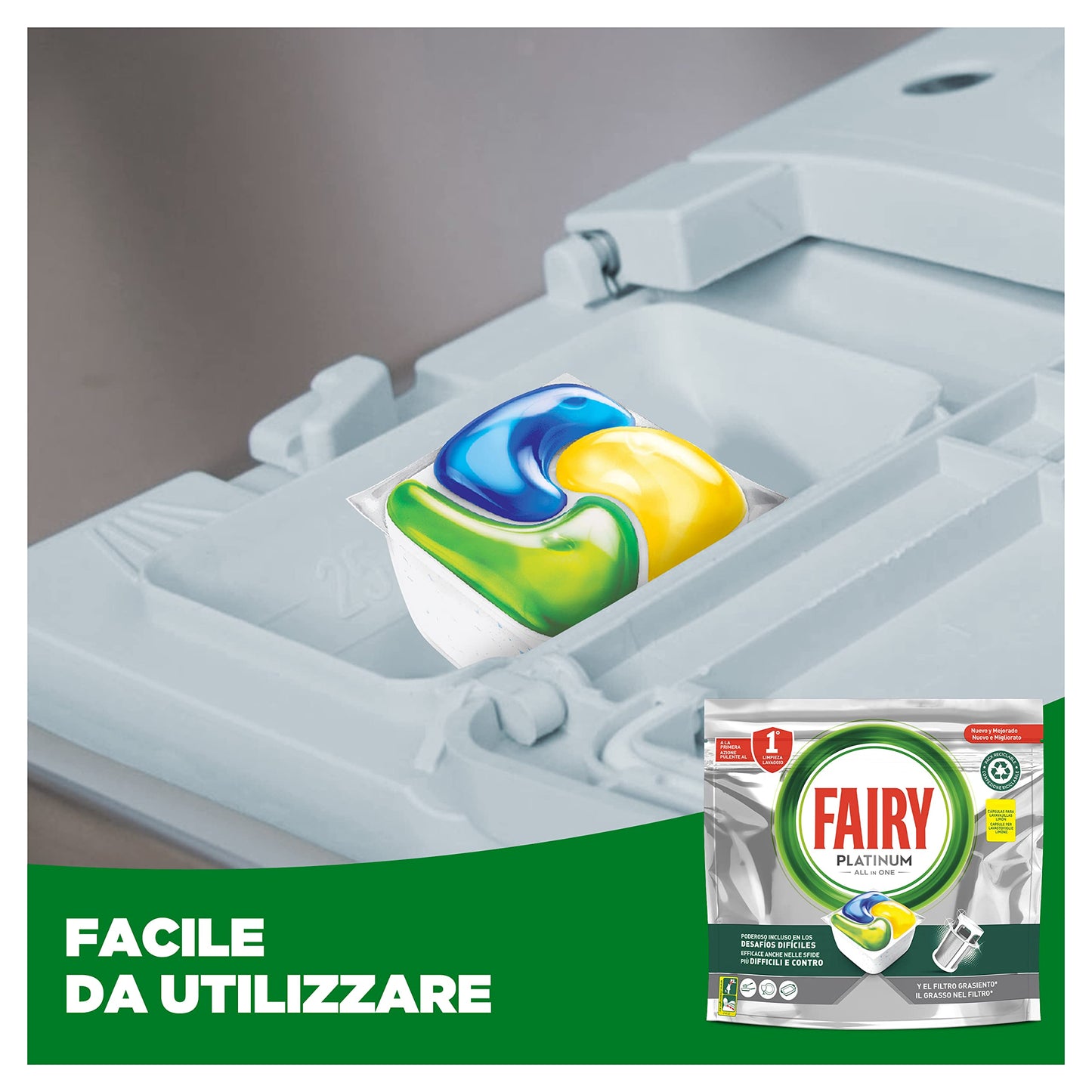 Fairy Platinum Detersivo Pastiglie Lavastoviglie, Brillantante, 100 Capsule Lavastoviglie, Limone, Con Sistema Di Prelavaggio Integrato, Efficace Nelle Sfide Difficili Contro Lo Sporco