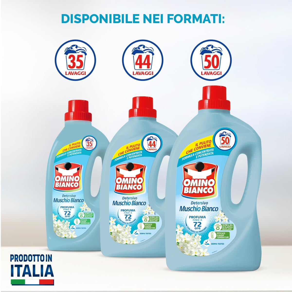 Omino Bianco - Detersivo Lavatrice Liquido, 50 Lavaggi, Rispetta Colori e Tessuti, Fresco Profumo con Essenza di Muschio Bianco, 2000 ml