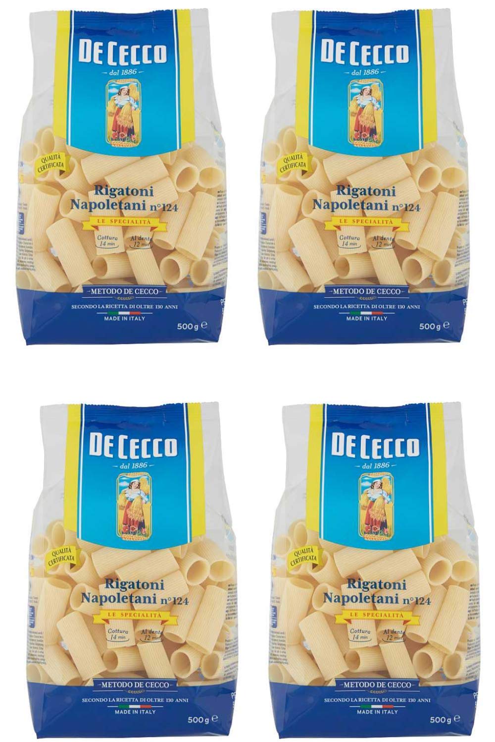 De Cecco Rigatoni Napoletani Pasta Corta 500 gr, Confezione da 4