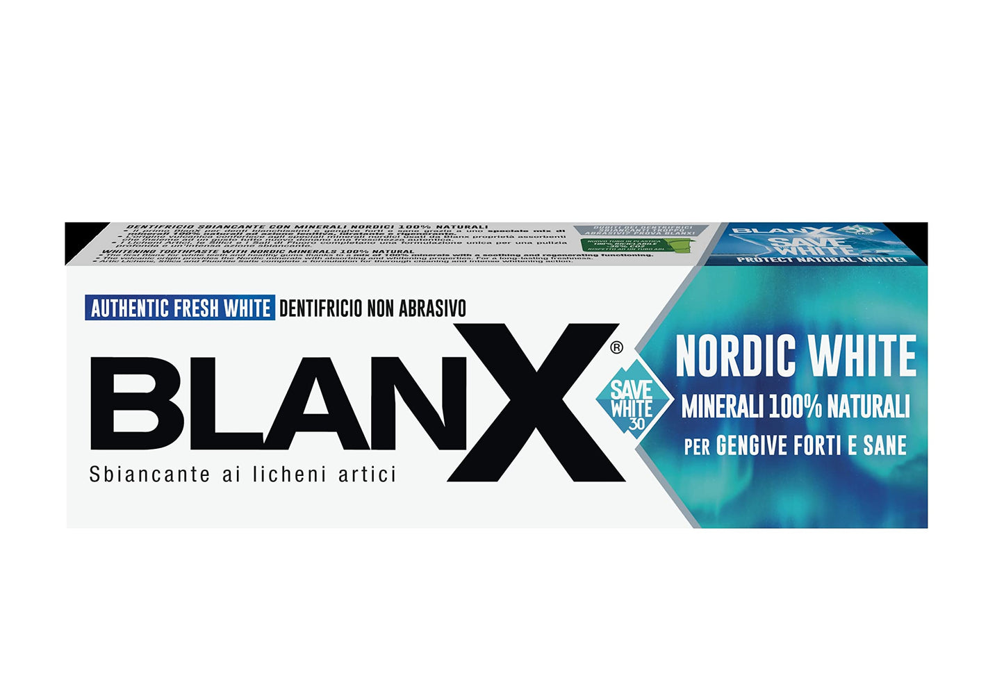 BlanX, Dentifricio Nordic White, Dentifricio Sbiancante Anti-Macchia, con Minearli Nordici 100% Naturali, Azione Lenitiva, Sbiancante e Rigenerante, Freschezza Immediata, Formato 75 ml, 1 Confezione
