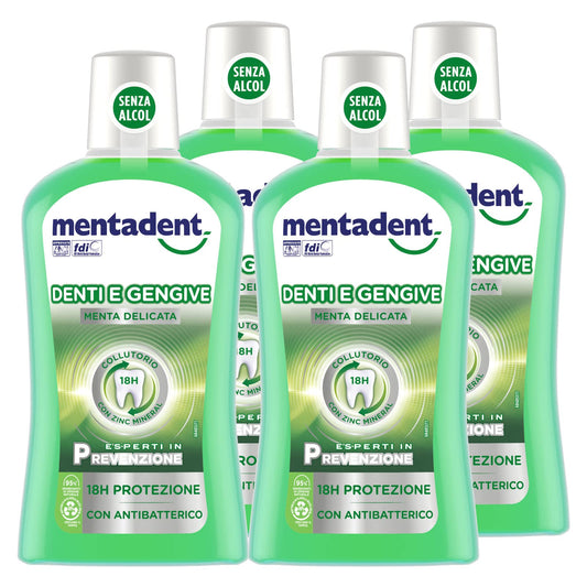 4x Mentadent Collutorio Denti e Gengive Zero Alcol Con Antibatterico - 4 Flaconi da 500 ml ognuno