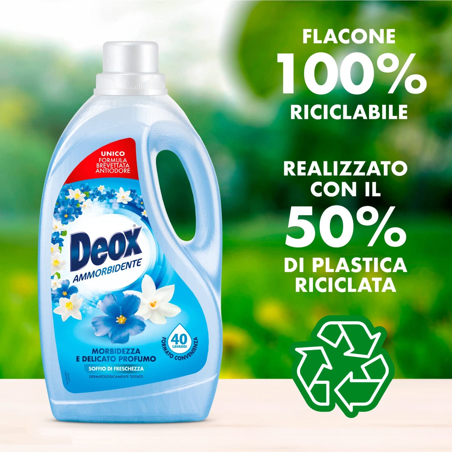Deox - Ammorbidente Lavatrice, Capi Morbidi e Profumati, con Tecnologia Antiodore, Fragranza Soffio di Freschezza, 40 Lavaggi x 3 Confezioni