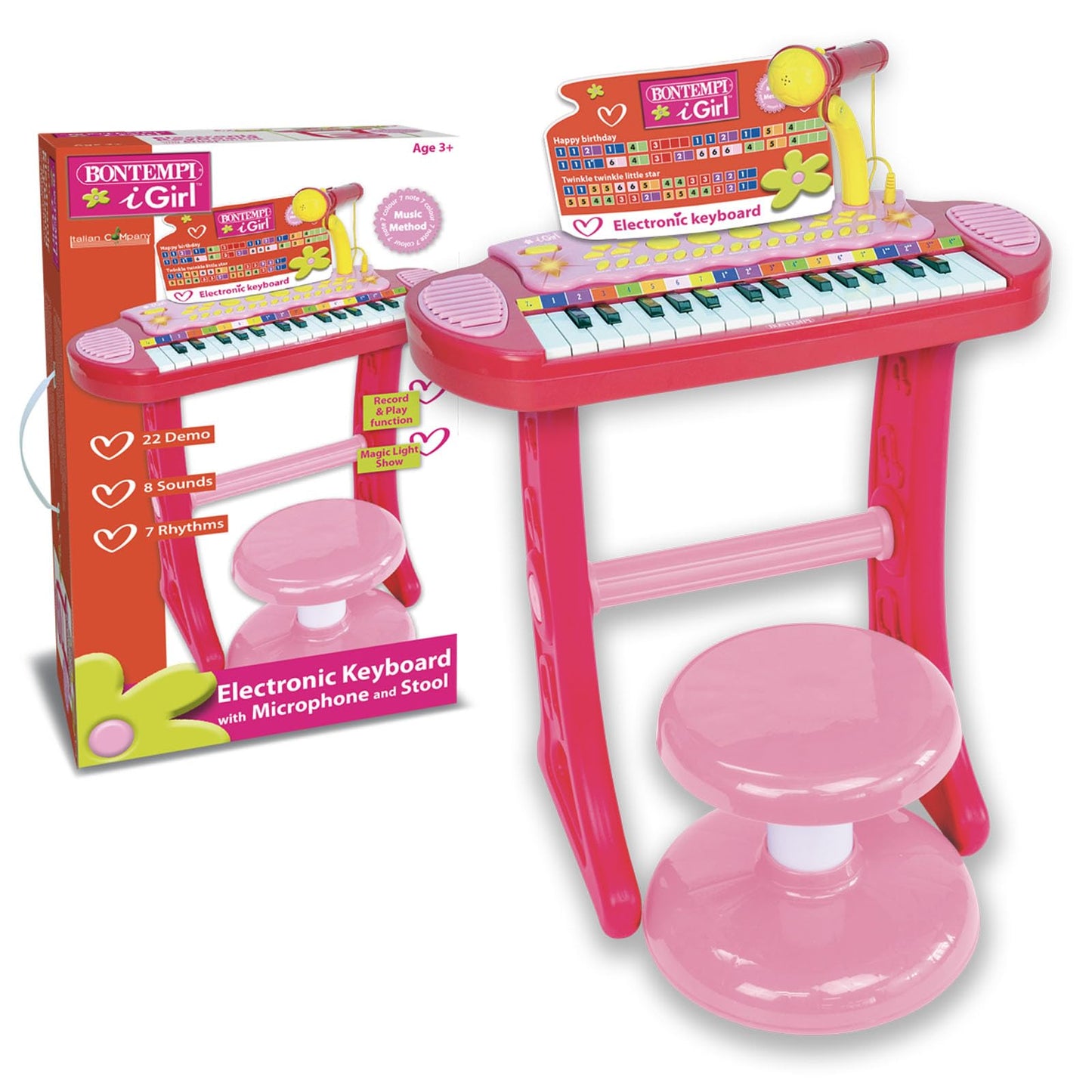Bontempi | MiniMaestro: Tastiera Giocattolo Elettronica a 31 Tasti con Microfono e Accessori, Rosa, 450x430x610 mm
