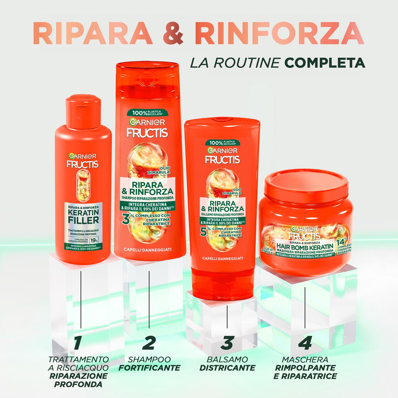 Garnier Fructis, Trattamento con Risciacquo, Per Tutti i Capelli Danneggiati, Riparazione Profonda, Per Capelli Più Forti, Con Olio di Marula e Cheratina, Keratin Filler, Ripara&Rinforza, 200 ml