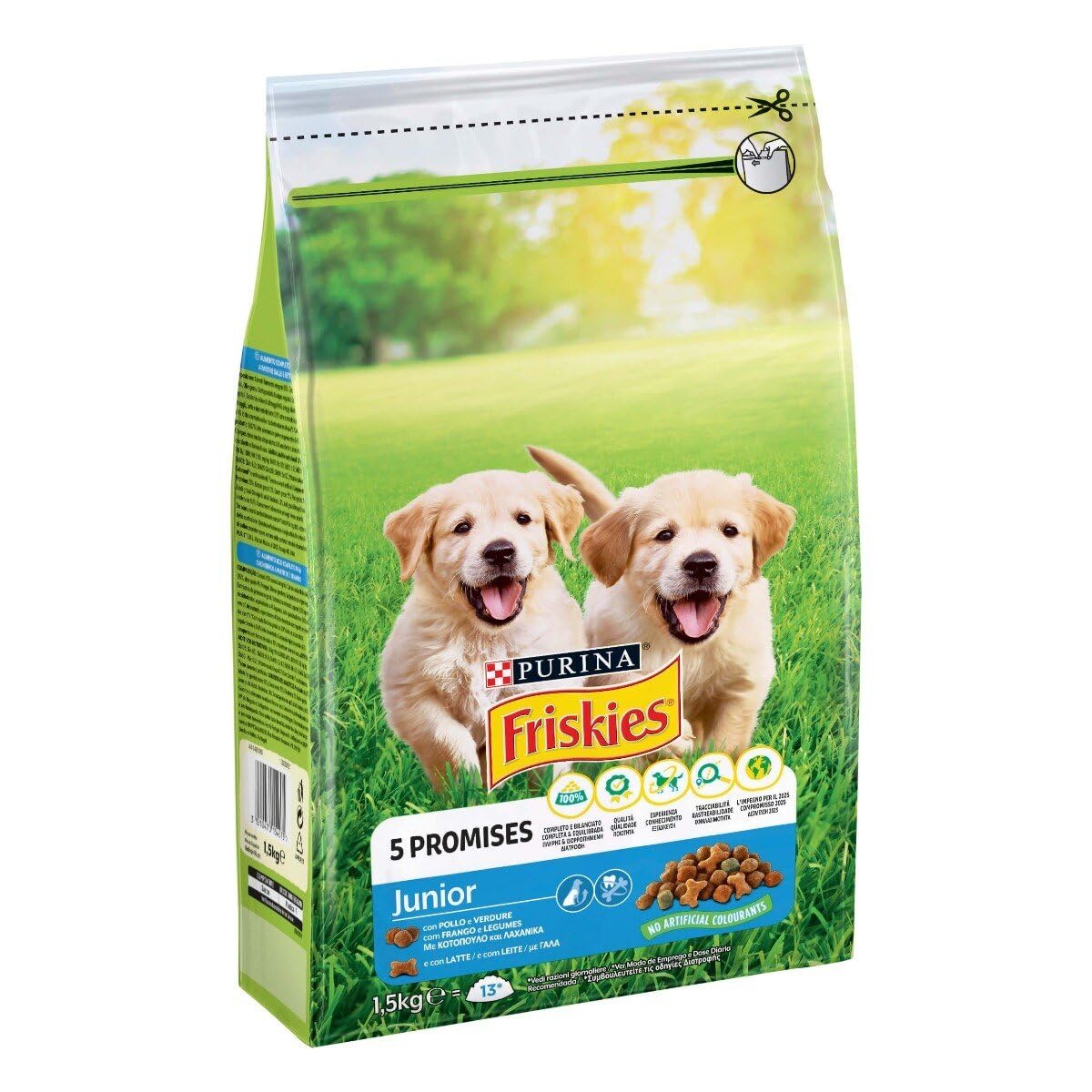 PURINA FRISKIES 5 Promesse Crocchette per Cani Cuccioli con Pollo, Verdure e Latte Sacco da 1.5kg