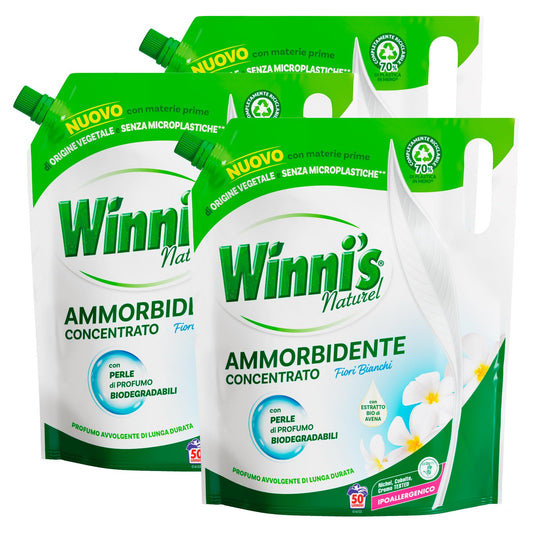 Winni's Naturel Ammorbidente per Bucato a Mano e Lavatrice Ipoallergenico Fragranza Fiori Bianchi Materie Prime di Origine Vegetali Profumo Biodegradabile - 3 Buste da 1,25L
