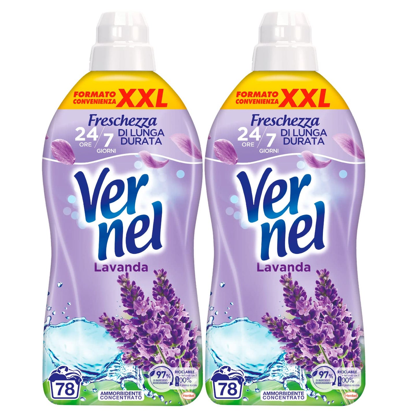Vernel Lavanda Ammorbidente Liquido Concentrato Formato Convenienza XXL per Bucato Morbido e Profumato Lunga Durata - 2 Flaconi da 1,95 Litri