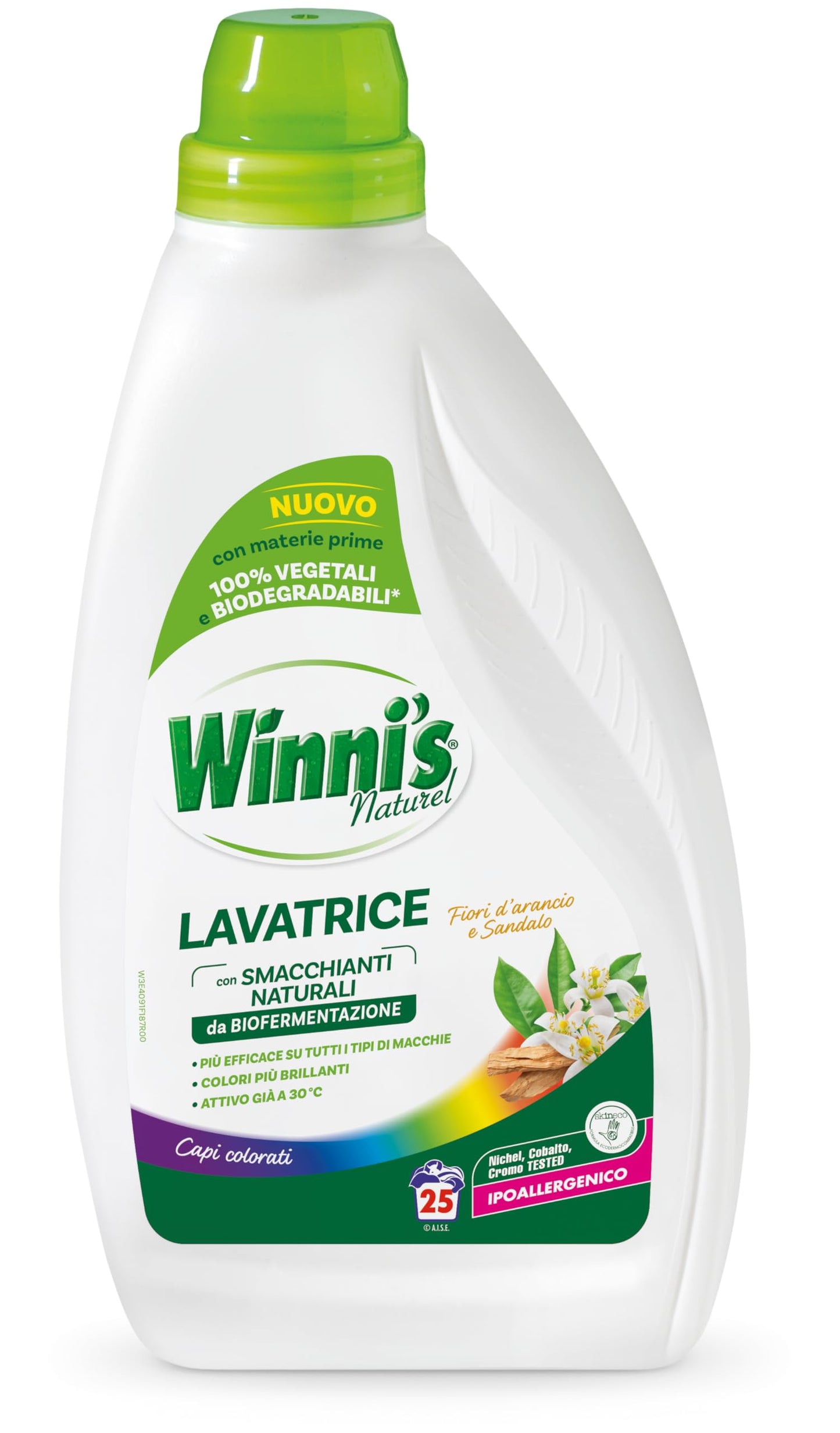 Winni's - Detersivo Lavatrice Ipoallergenico per Capi Colorati, 25 Lavaggi, con Smacchianti Naturali da Biofermentazione, Fragranza Fiori d'Arancia e Sandalo, Con Materie Prime Vegetali, 1125 ml