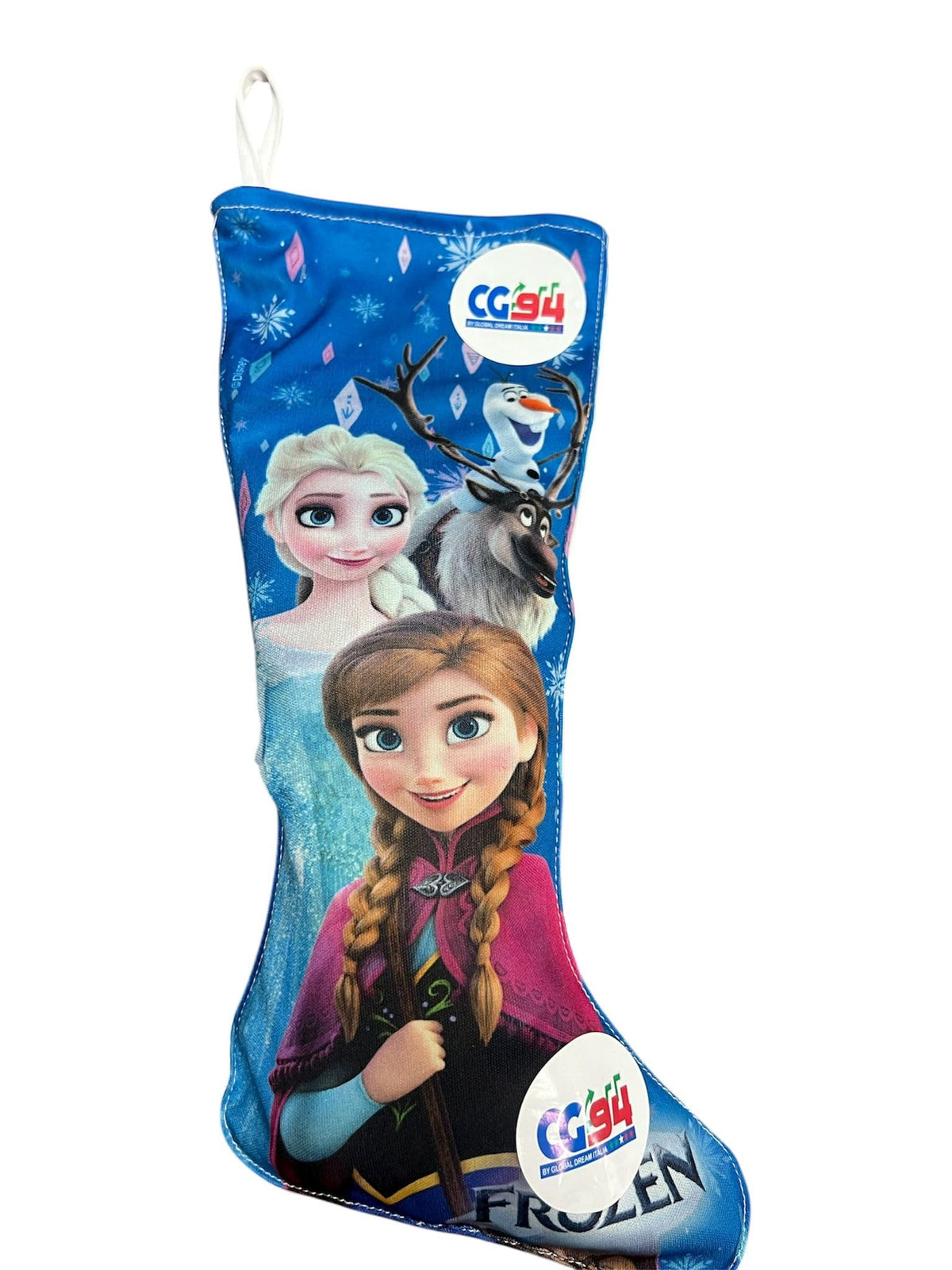 Calza della befana CG94 per bambine con personaggi Elsa, Anna e Olaf.