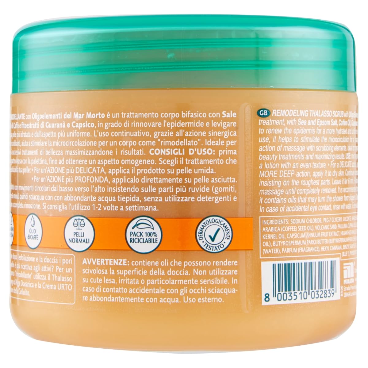 GEOMAR | Thalasso Scrub Corpo Rimodellante, Con Sale Marino, Sale di Epsom, Olio di Caffe ed estratti di Guaranà e Capsico, Made in Italy, 600 g