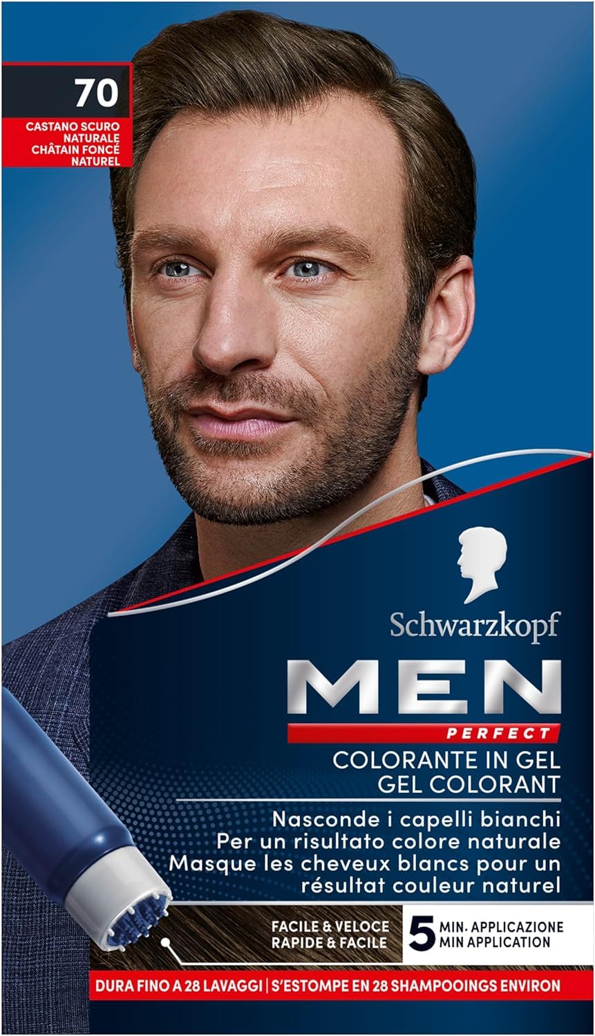Schwarzkopf, Men Perfect, Tinta Colorante in Gel, Copertura dei Capelli Bianchi, Risultato Effetto Naturale, Dura Fino a 28 Shampoo, Tonalità 70 Castano Scuro Naturale, 3 confezioni