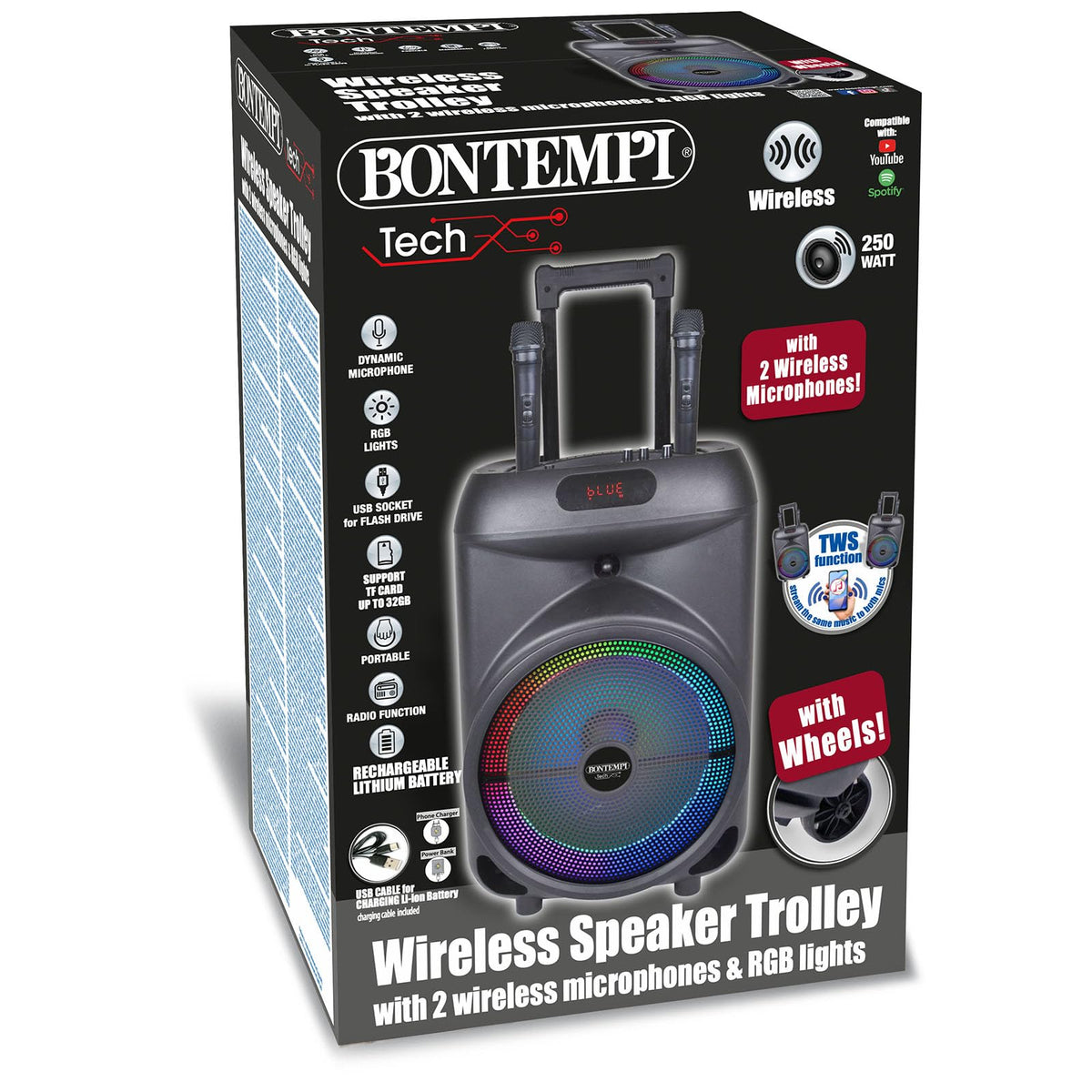 Bontempi | TrolleySync - Amplificatore Trolley Karaoke con 2 Microfoni Wireless per un'Esperienza Indimenticabile, 53,7x34,1x29,1 cm