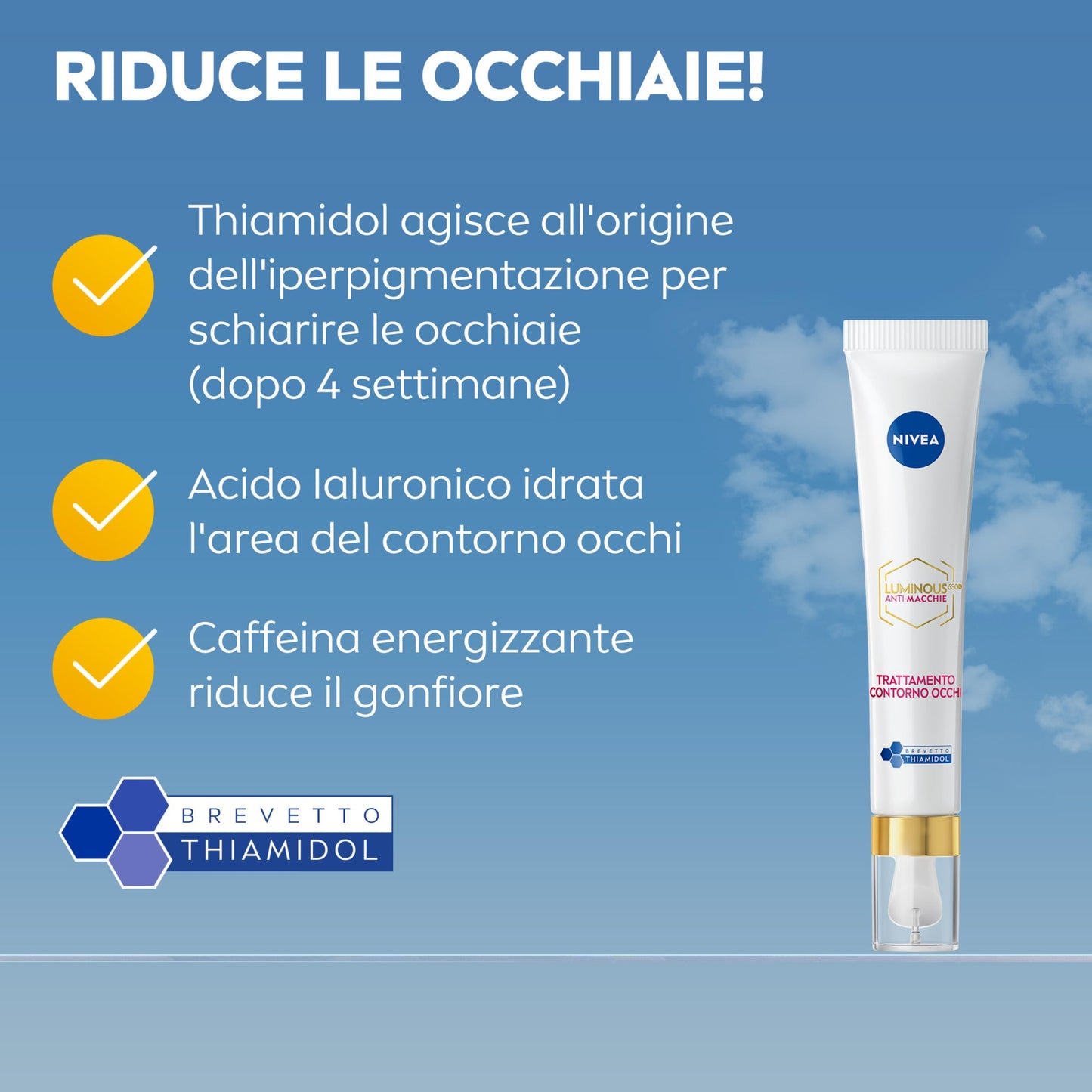 NIVEA Luminous630 Anti-Macchie Trattamento Crema Contorno Occhi 15 ml, Contorno occhiaie, macchie, rughe e borse sotto gli occhi, con Acido Ialuronico e Thiamidol brevettato