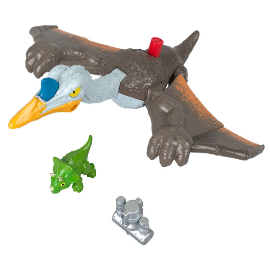 Imaginext Jurassic World Dominion - Quetzal Agguato in volo, dinosauro da 18 cm con ali mobili e accessorio imbracatura, triceratopo preda incluso, giocattolo per bambini, 3+ anni, HML44