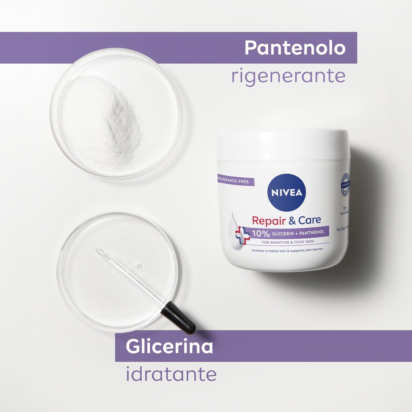 NIVEA Crema Corpo Repair & Care 400 ml, Crema multiuso senza profumo per pelle sensibile e irritata, Crema corpo, viso e mani ad assorbimento rapido arricchita con Pantenolo e Glicerina