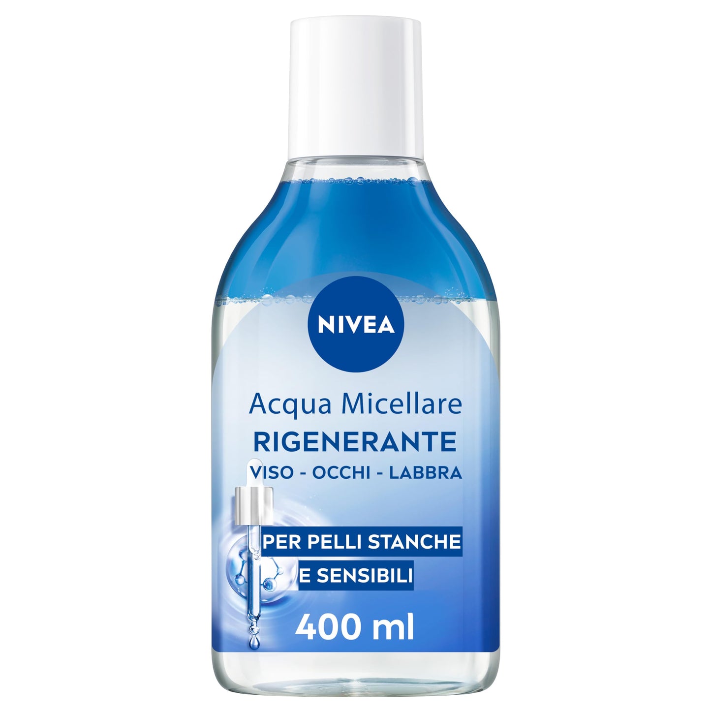 NIVEA Acqua Micellare Rigenerante 400 ml, Struccante viso e occhi con 5% siero + Aminoacid Complex, Detergente viso, occhi e labbra senza risciacquo per pelli stanche e sensibili