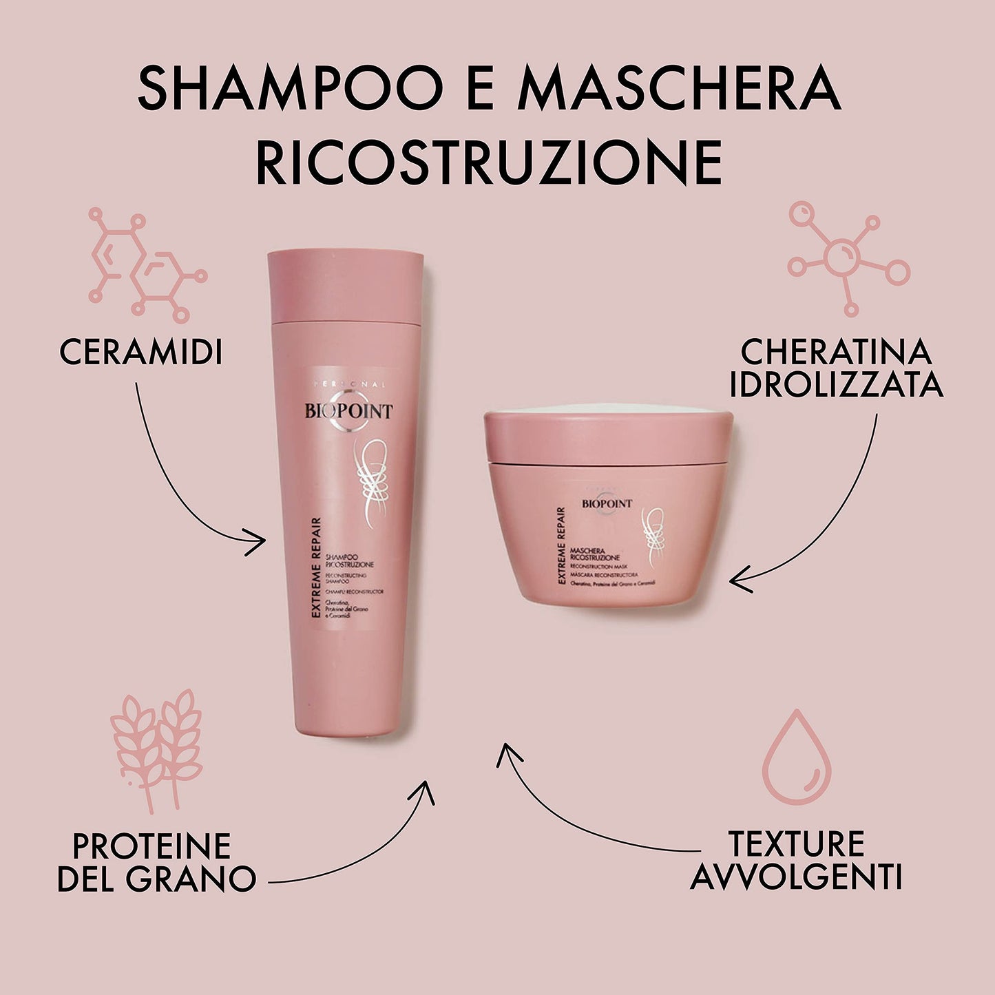 Biopoint Extreme Repair - Shampoo Ricostruzione, Azione Fortificante e Ristrutturante, Deterge Delicatamente e Rigenera i Capelli, 200 ml