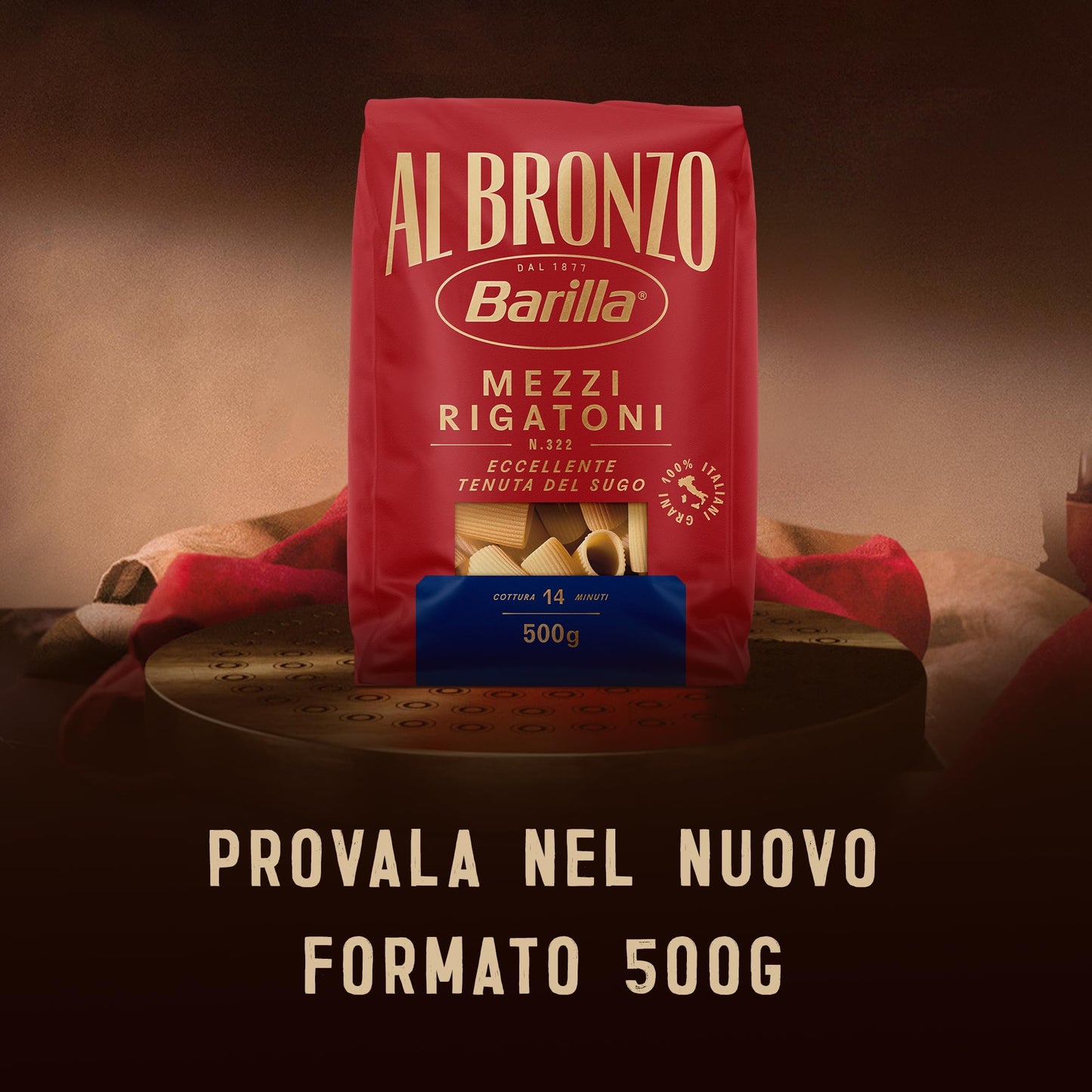 Barilla Pasta Al Bronzo Mezzi Rigatoni 100% Grano Italiano, Pasta Trafilata Al Bronzo con Lavorazione al Bronzo Grezzo, Formato Spesso e Corposo, Alta Tenuta di Sugo e Cottura, 16 Confezioni da 500 g