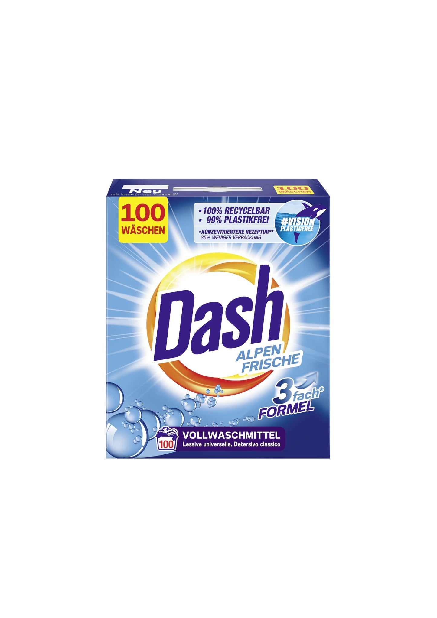 Dash Polvere fresche Alpi – Polvere di detersivo in polvere per indumenti brillanti e freschi – 100 lavaggi
