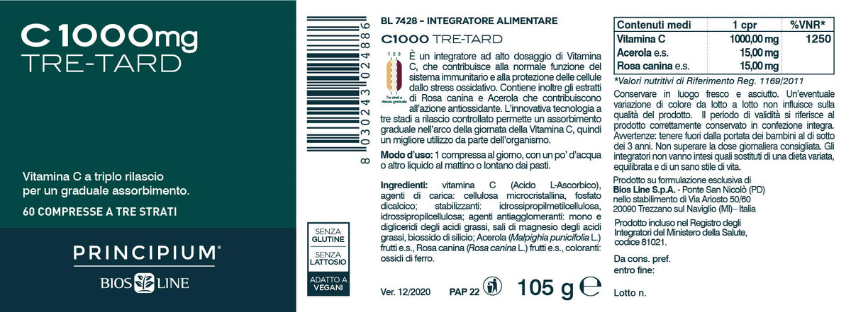 Bios Line Principium C 1000mg Tre-Tard Integratore Antiossidante con Estratti di Rosa Canina e Acerola, 60 Compresse