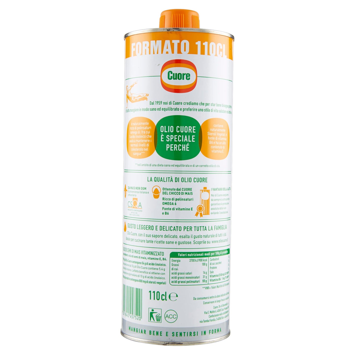 Cuore, Olio di Mais, Formato da 110 cl, Ricco di Omega 6 e Fonte di Vitamina E e B6, No OGM