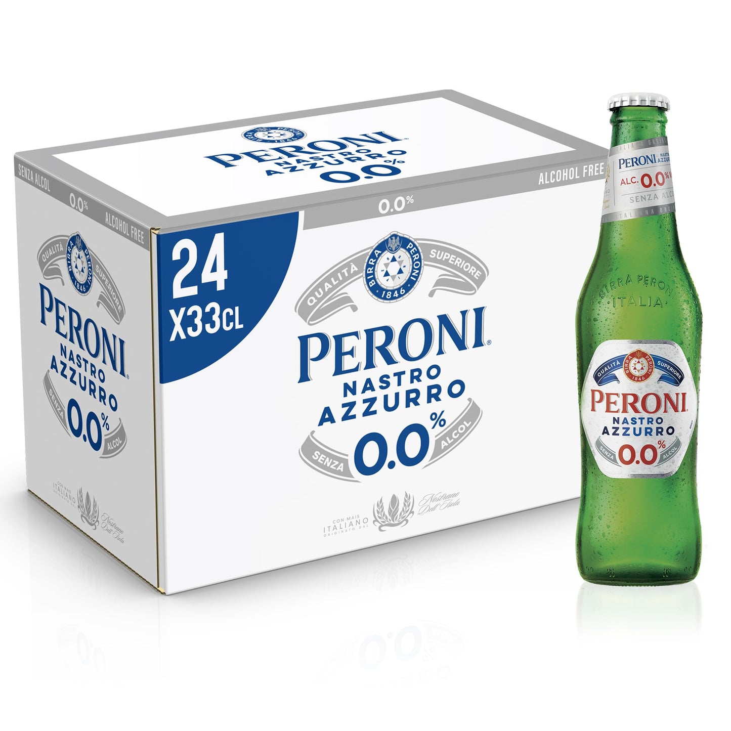Peroni Nastro Azzurro 0.0 Birra Analcolica Premium Lager, Cassa Birra con 24 Birre in Bottiglia da 33 cl, 7.92 L, Gusto Secco e Rinfrescante, Zero Alcol