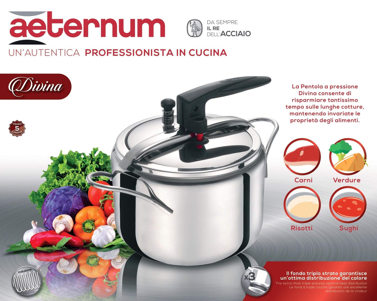 Aeternum Divina, Pentola a Pressione con Valvola di Sicurezza, Acciaio Inox, Adatta all'induzione, Antracite