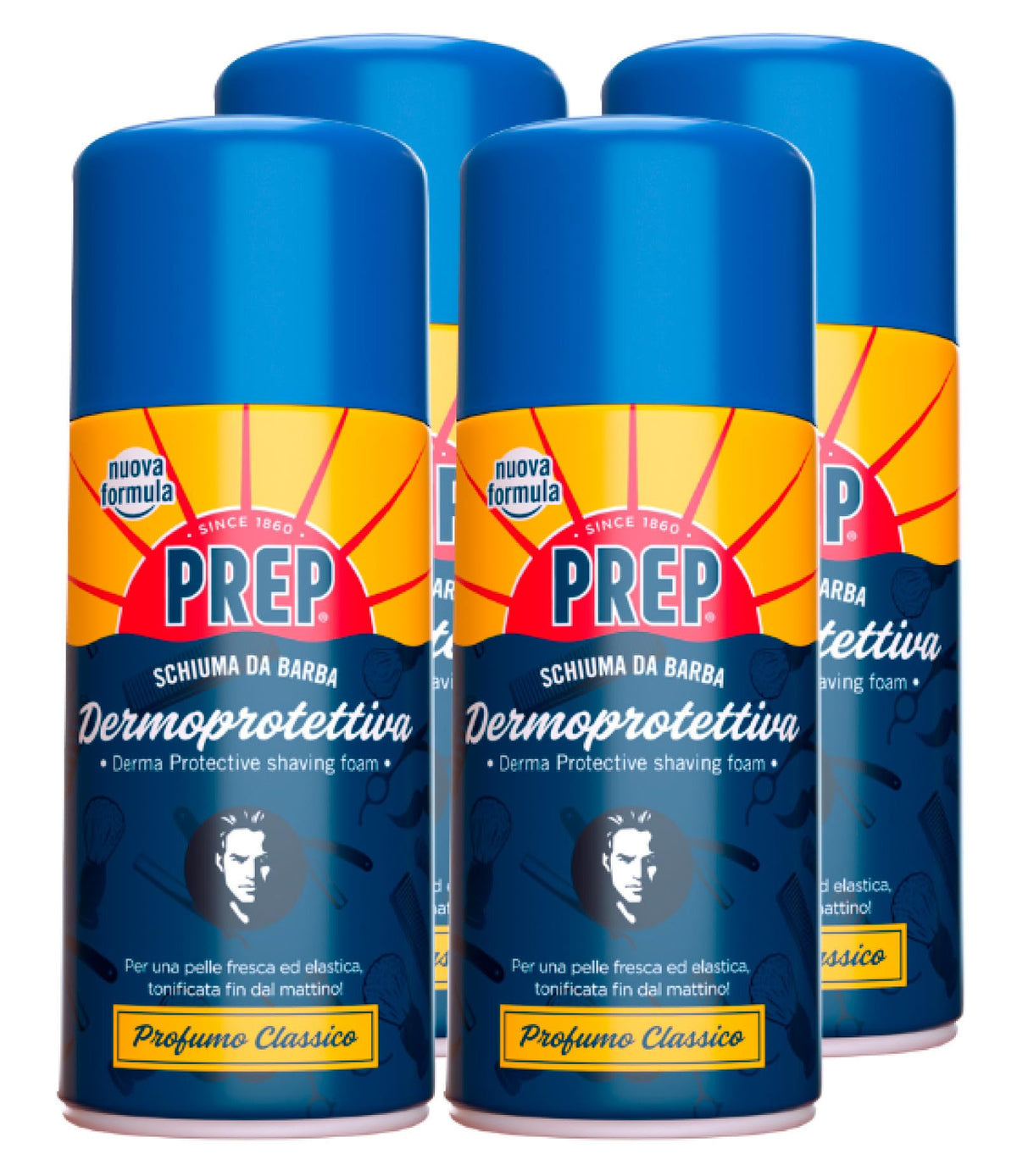 4x Prep Schiuma da Barba Dermoprotettiva Formula Ricca e Cremosa per Rasatura Pelli Sensibili Idrata e Rinfresca - 4 Flaconi da 300ml