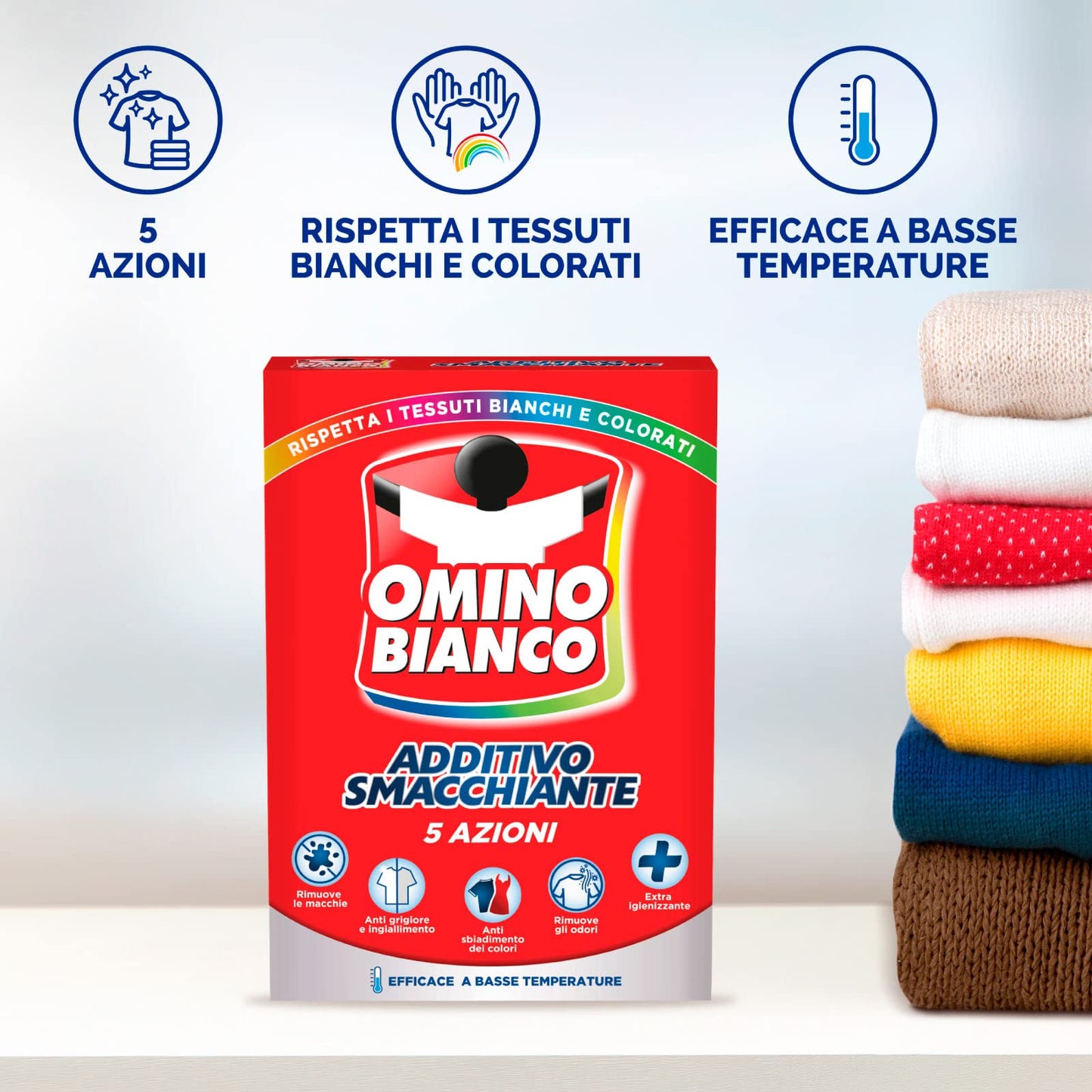 Omino Bianco - Additivo Lavatrice Totale 5 Azioni in 1 in Polvere per Bucato, Smacchiante e Igienizzante, 500 g x 8 Pezzi